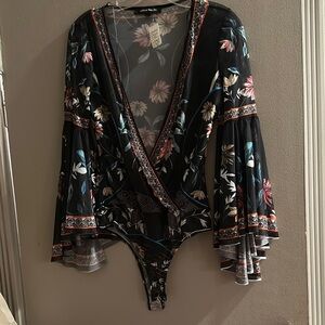 Floral Black Bodysuit Top